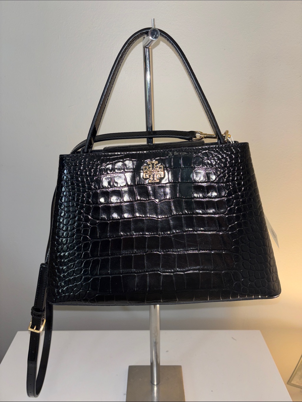 Tory Burch Black Croc-Embossed Top-Handle Satchel With Gold Logo